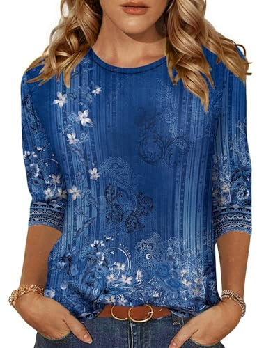 Zeagoo Womens 3/4 Sleeve Tops Casual Crew Neck Blouses Summer T Shirts | Autumn Basic Tee, Plain and Printed, Home Out, S-3XL