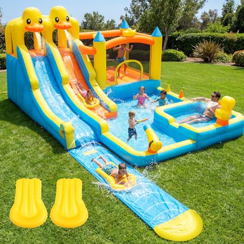 Hapfan Large Inflatable Bouncy Castle with Slip and Slide for Kids, Large Outdoor Water Park with Blower, Dual Slide Splash Pool Climbing Wall, Great for Birthday or Party, 487 x 380 x 249cm