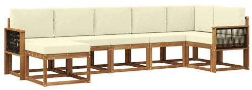 vidaXL Outdoor-Sofagarnitur mit Kissen 7 pcs Natur und Creme Polyester, Modularer Gartensofa-Set, modernes Outdoor-Sofa, wetterfester Terrassenmöbel, Akazienholz, braunes Sitzen