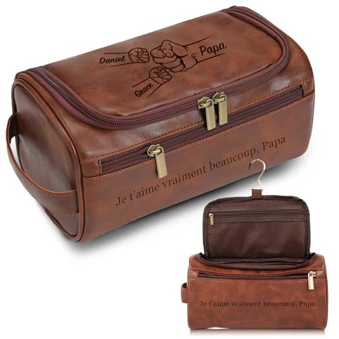 Trousse de Toilette Homme Personnalisée, Trousse de Voyage Gravée avec Nom | Sac Organisateuer de Toilette Trousse avec Crochet en Cuir PU pour Voyage Business Idée Cadeau Homme Original Papa Papy Peres