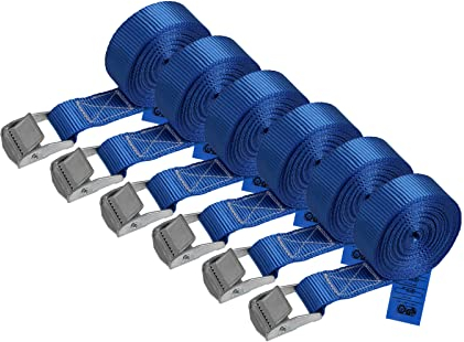 Zurrgurt Spanngurt belastbar bis 250 kg DIN EN 12195-2 Befestigungsgurt Klemmverschluss Befestigungsriemen blau verschiedene Längen Stückzahlen, 6er Pack 2.5 cm x 4 m