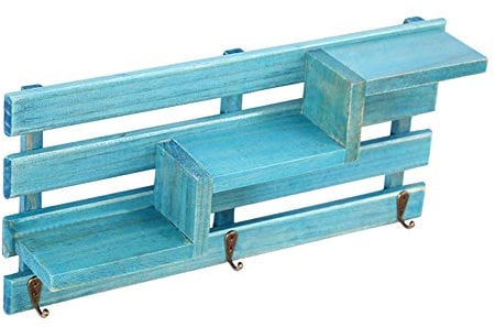 nice--buy Holzlatten schwimmende Regale Original Landdekor Wandmontage Garderobe Schlüsselregal Hängevorrichtung Metallhaken blau