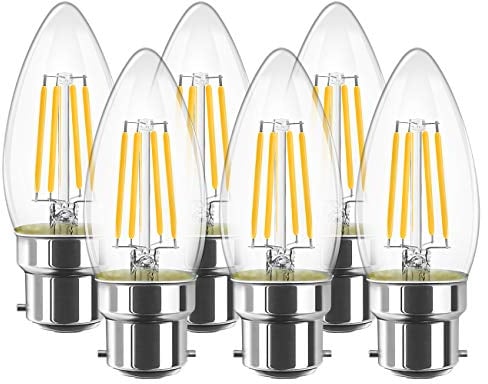 LVWIT 6W B22 Filament LED Edison Lampe C35, 2700K Warmweiß, Ersatz für 60W Glühlampe, ultrahell 806 lm, Rustikalampe in Kerzenform, Filamentstil klar (6er Pack)
