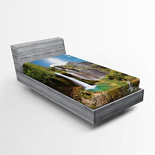 ABAKUHAUS Kroatien Spannbetttuch, Herrliche Wasserfälle Tag, Soft Dekorativer Stoff Bettwäsche Rund-um Elastischer Gummizug, 90 x 200 cm, Grün Grau