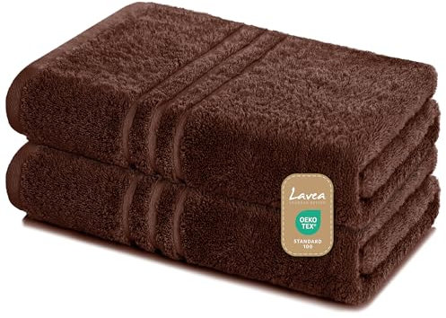 Lavea 2er Set Saunatuch 80x200 cm – Hochwertige, Saugstarke Saunatücher aus 100% Baumwolle, Frottierserie Elena – Waschbar und Strapazierfähig - Kaffeebraun