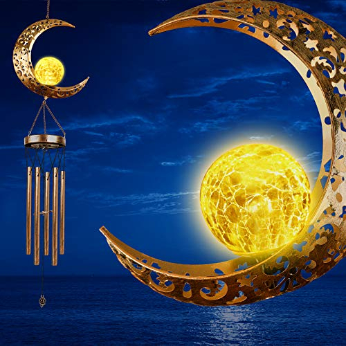 DesGully Wind Chimes,Moon Crackle Glass Ball Solar Wind Chimes with Amazing Deep Tone Outside Garden Decor for Spiritual Gifts, Unique Hanging Decor for Mom Women Grandma(41 Heavy-Duty Metal Chimes)