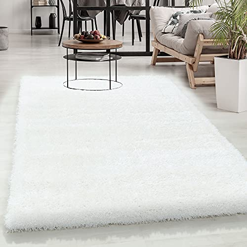 Carpetsale24 Teppich Wohnzimmer Shaggy Einfarbig Design 280 x 370 cm Weiß - Hochflor Teppich Schlafzimmer Luxuriöse Kuschelig und Super Weich Flauschiger Teppich Langflor 50 mm Florhöhe Rechteckig