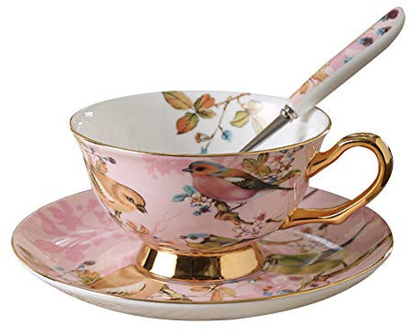 Porzellan Kaffeetassen Set Mit Untertasse, Vintage Porzellan Kaffeeservice Set Keramik Tee-Tasse, Europäischer Stil Kaffee Keramik Tasse Set Mit Untertassen Und Löffel, 200ML (Stil B)