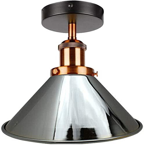 DC Voltage Vintage Ceiling Light Semi Flush Mount Industrial Metal 22cm Chrome E27 Holder Lamp Shade for Living Room Kitchen Bedroom Hallway Corridor Restaurant