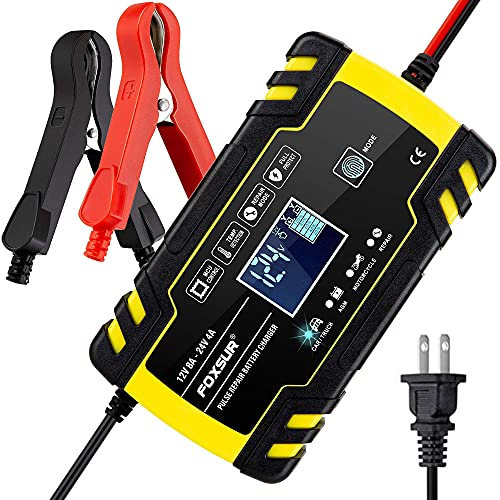 Foxsur 12V/8A 24V/4A Automatic Smart Battery Charger/Maintainer Trickle Charger with LCD Screen Pulse Repair for Car Truck Motorcycle Lawn Mower Boat etc