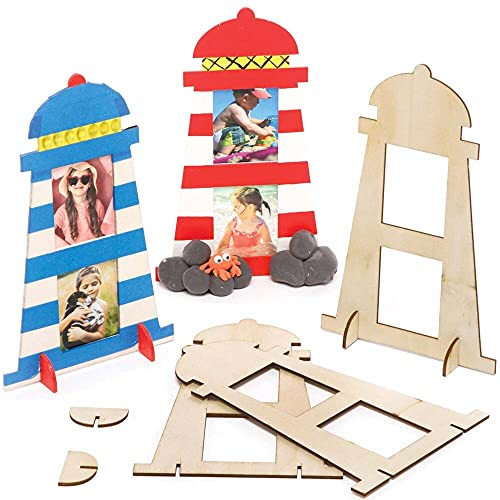 Baker Ross Bilderrahmen aus Holz, Leuchtturm, 4er-Packung, erstellen Sie Ihre eigenen Bilderrahmen für Kinder, zum Verzieren und Ausstellen, FE315