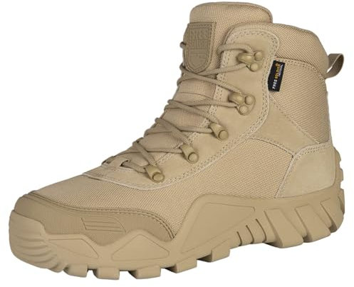 FREE SOLDIER Mens Military Boots mid-top Combat Tactical Boots Lace Up All Terrain Shoes for Hiking, Hunting, Working, Walking, Climbing(Tan,39EU)