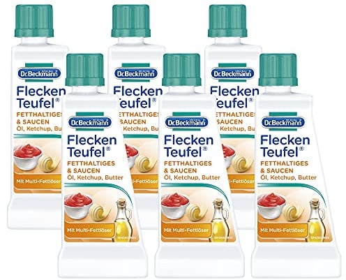 Dr. Beckmann Fleckenteufel Fetthaltiges & Saucen | Spezialfleckentferner gegen Fettflecken, Schokoladen-Flecken, u.v.m. | 6x 50 ml
