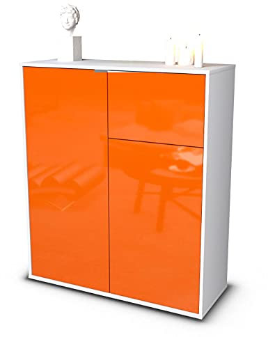 Stil.Zeit Highboard Loana, Korpus Weiss matt, Front Hochglanz-Design Mandarine (92x108x35cm), Push-to-Open Technik & Leichtlaufschienen