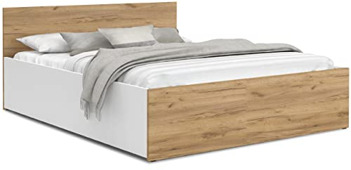 FurnitureByJDM Bett 180x200 mit Stauraum – Doppelbett mit Bettkasten und aufklappbarem Lattenrost – Modernes Stauraumbett mit Liftfunktion (Weiß/Eiche Craft)