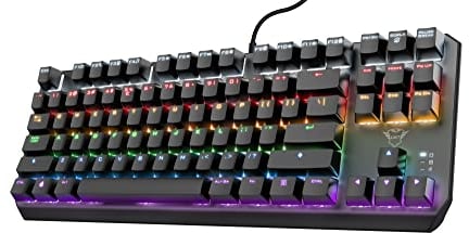 Trust Gaming GXT 834 Callaz TKL Mechanische Tastatur, Deutsches QWERTZ Layout, Outemu-Schalter, Mehrfarbige LED-Beleuchtung, 12 Media-Tasten, USB Gaming Tastatur 80% für PC, Laptop, Mac Schwarz