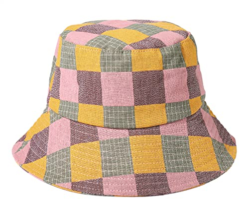boderier Chapeau bob coloré à carreaux à large bord pour la plage, le soleil, l'été, accessoires de plage, casquettes de pêcheur, Jaune/rose., Taille unique