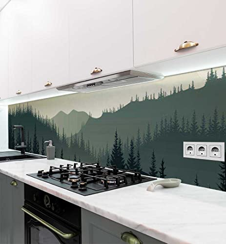 MyMaxxi Küchenrückwand Folie selbstklebend matt - einfache Montage ohne Bohren 0,4mm stark Versteift - Motiv Waldlichtung Berge 60cm hoch - Spritzschutz Küche Klebefolie ? Landschaft 400 x 60cm