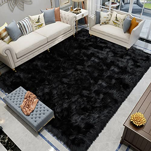 Latepis Teppich Wohnzimmer Flauschig Schwarz 200x300 cm Waschbarer Kunstfell Teppich Hochflor Weich Fellteppich Shaggy Area Rug