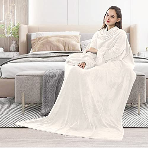 sunyana Kuscheldecke mit ärmeln, TV Decke mit ärmeln, Ärmeldecke mit Weiche Gemütliche Plüsch, Geeignet für Sofa, Bett 1.5 * 2M (Beige)