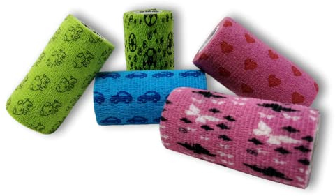 LisaCare Mullbinden selbsthaftend - 5 Rollen medizinische Tapes mit bunten Motiven - selbstklebende Pflaster-Bandagen perfekt für Mensch & Tier - Größe wählbar (10cm)