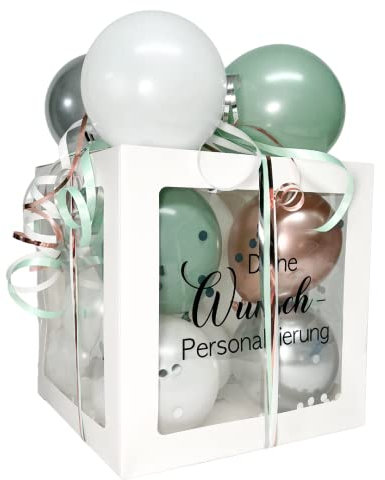 Personalisierte Ballon-Box Dublin Eukalyptus - Weiß - Roségold & Silber Handgemachte Überraschung Geschenkbox 30 x 30 x 30 cm Luftballons Geburtstag, Hochzeit, Jubiläum, Fussball, Taufe