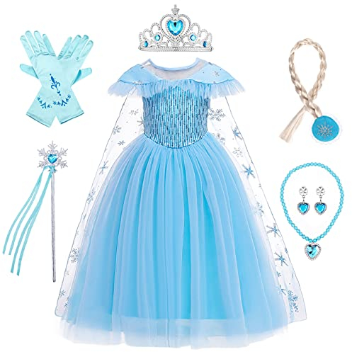 LOBTY Mädchen Elsa Prinzessin Kleid mit Accessoires Schneekönigin Verkleidung Kinder Prinzessin Kleid Geburtstag Weihnachten Party Halloween Karneval Cosplay Kostüm Blau, 140