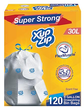 XupZip Drawstring Bin Bags 30L - Heavy Duty Bags - Strong Flex Power Trash Bags - Leakproof Garbage Bags - Easy Open Plastic Bags for Kitchen, Office (6 Rolls x 20 (120 Bags))