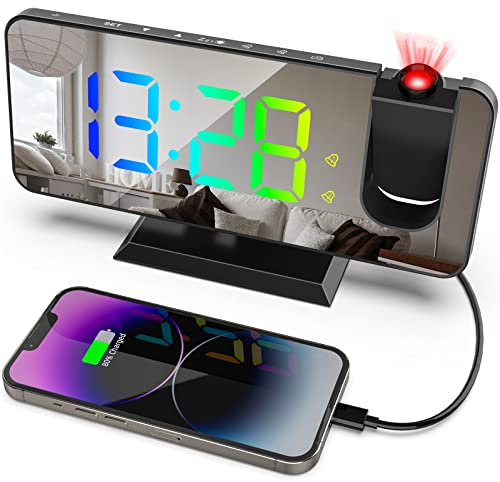 Projektionswecker, Digitaluhr mit 180° drehbar, 7,5'' RGB-Farbdisplay Nachttischuhr, 7-stufiger Helligkeitsdimmer, 5-60 Minuten Schlummerzeiteinstellung, 12/24H Wecker für Schlafzimmer(Schwarz)