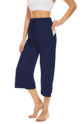 Fourindo Jogginghose Damen Sporthose Damen 3/4 Weites Bein Yogahose mit Taschen Leicht Bequeme Freizeithose Stoffhose High Waist Jogginghose für Sport Yoga Alltag