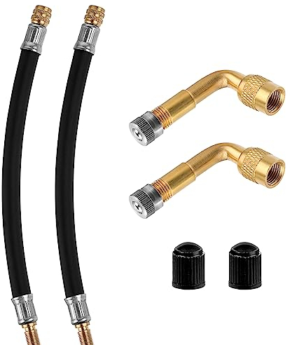 Cobee Tire Valve Extension Kit, 2pcs 210mm Valve Extension Pump Hose Adapter with Plastic Valve Caps + 2pcs 90 Degree Flexible Rubber Valve Extension Stems with Metal Valve Caps, Universal Fitment