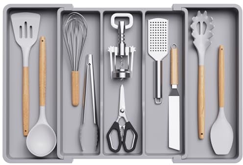 Lifewit Range Couverts pour Tiroir, Grand Plateau de Couverts Extensible pour la Cuisine, Support Réglable pour l'Argenterie et les Couverts, Range Couvert pour Outils et Gadgets, Grand, Gris