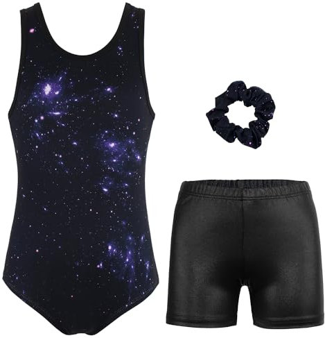JOYSTREAM Gymnastikanzug für Mädchen mit Shorts, glitzernd, Ballett, Tanz, Activewear, Schwarzes Cosmic-Set, 10-11 Jahre