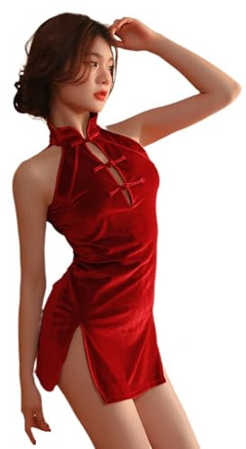SINGUYUN Lingerie sexy pour femme - Robe Cheongsam chinoise - Robe de nuit moulante à fente haute - Qipao, Rouge (1633), taille unique