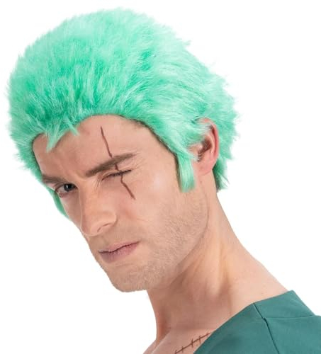 Chaks One Piece Perücke Pirat Roronoa Zoro grün für Herren Kostüm-Zubehör Fasching Karneval Cosplay Lizenz-Perücke