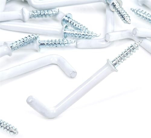Long White Dresser Hooks 50mm Plastic Coating Shouldered Dresser Hooks Cup Hook L Shape Cup Hangers L Screw Hooks for Hanging Party Celebration Light Strings 25 Pack.