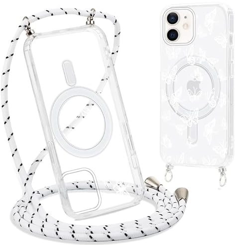 Yoedge Magnetique Coque pour iPhone 12/iPhone 12 Pro 6,1 con Cordon, Compatible avec MagSafe,Transparent Étui Souple Silicone TPU Antichoc Protection Housse Collier Case avec Aesthetic Motif Papillon