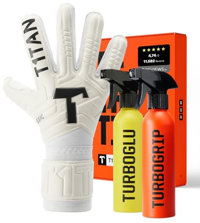 T1TAN Classic 1.0 White-Out Junior (FP) + Turbogrip & Turboglu - Torwarthandschuhe Kinder mit Handschuhreiniger und Grip Booster - mit Fingerschutz - Fußballhandschuhe für Torhüter - Größe 5