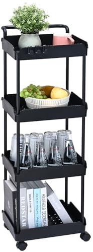 VEVOR Rollwagen, Küchenwagen mit 4 Ebenen, Küchenregal, Nischenregal mit Rollen, Badregal 370x355x1065mm Aufbewahrungswagen 60kg Tragfähigkeit Mehrzweckrollwagen Schwarz Abräumwagen Servierwagen