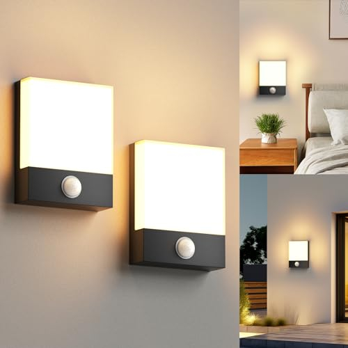 Shuniu 2 Stück 18W Außenwandleuchte mit Bewegungssensor,IP65 Wasserdichte Außenwandleuchten,Innen/Außen Wandleuchte für Garten, Terrasse, Balkon, Innenhof, Tor, Wandlampe aus Metall, 3000K Warmweiß