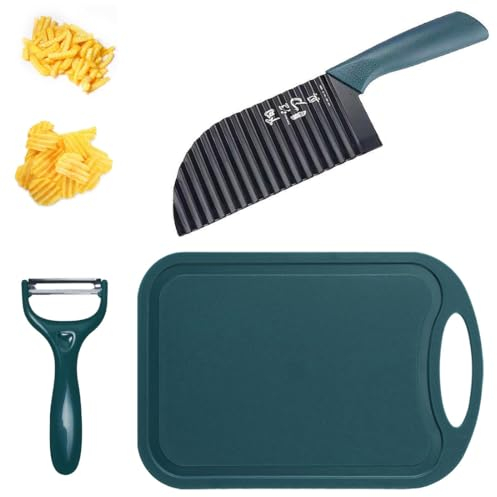 CPSYTE Juego de Herramientas para Cortar Patatas Fritas, Cortador Ondulado de Acero Inoxidable, Cuchillo para pelar Patatas y Tabla Cortar, Cuchillo para Patatas, Cortador Patatas Onduladas, 3 pcs