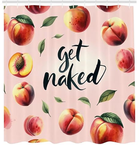 ABAKUHAUS Pfirsich Duschvorhang, Get Naked Phrase auf pastellem Hintergrund Früchte und Blätter spielerisch, Stoffliches Gewebe mit Haken, 175 x 200 cm, Rouge Dunkles Koralle Gelb