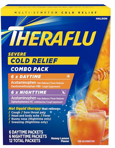 Theraflu Day and Night Pack, Severe Cold Relief, Honey Lemon, 12 Packets
