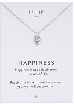 LUUK LIFESTYLE Stainless steel Pinecone pendant necklace, with HAPPINESS gift card, 14k Silver plated, 50cm adjustable, waterproof thin sturdy chain, Gift for women, holiday dainty trendy aesthetic