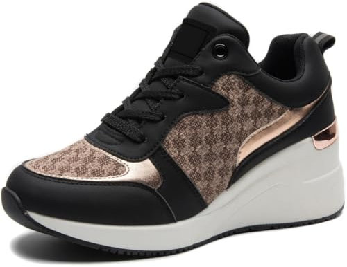 Schwarz Keilabsatz Turnschuhe für Frauen - Hochhackige Keil Tennisschuhe rutschfest Frauen Mode Turnschuhe W142-FN-DE-BLACK-36
