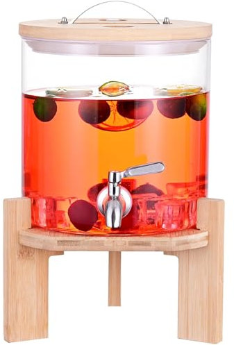 HmLotd Dispensador de Bebidas de Vidrio con Soporte, dispensadores de Bebidas frías con Soporte de Madera, dispensador de Agua Grande, dispensador de Bebidas de Vidrio con espita - Dispensadores S
