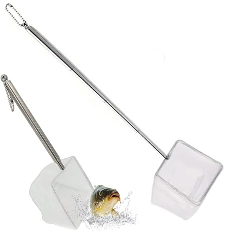 Small Fish Tank Net 6.5cm Cube Shape of Extendable Maximum 40cm Stainless Fishing Pond Net for Aquarium Kids Landing Nets for Cleaning & Crabbing & Butterfly (White Silver)