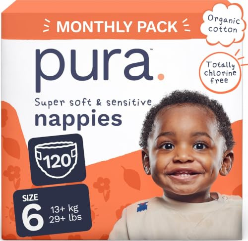 Pura Nappy Size 6 (13kg+) 120 Count Sensitive Skin | 12 Hour Leak Protection, New Blowout Blocker™, Cloud Soft™, Totally Chlorine Free*, Allergy UK Certified