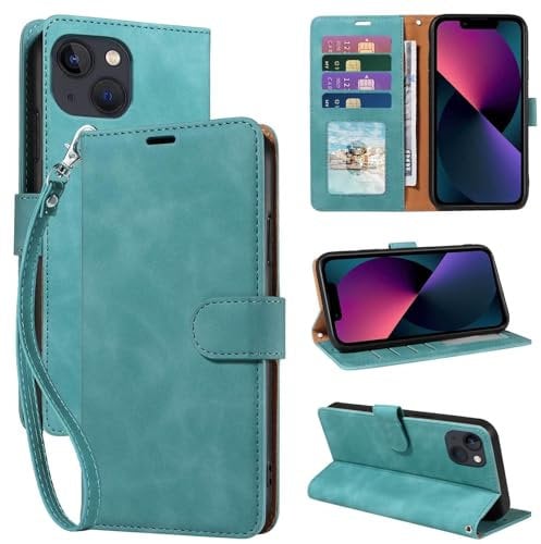 GOTOURED for iPhone 13 Phone Case Wallet, RFID Blocking 4 Card Slots, Wrist Strap, Kickstand, Magnetic Closure, Shockproof Protective Soft Leather Flip Cover (Green)