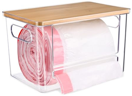 Hiitytin Trash Bag Dispenser Roll Holder, Extra Large Trash Bag Storage Dispenser with Bamboo Lid, Garbage Bag Dispenser Under Sink with Handles for Kitchen, Pantry, Laundry, Room Organization